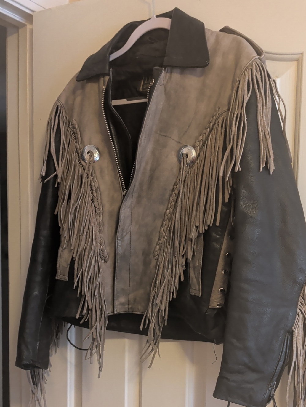 Two-Tone Fringed Leather Moto Jacket in Gray and Black